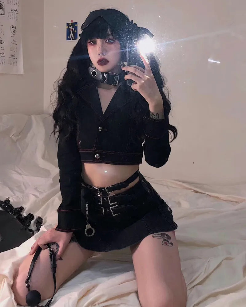 Women's Punk Gothic Style Low Waist Solid Pattern Denim Mini Skirt