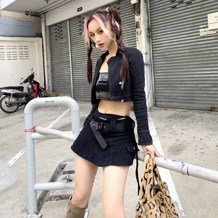 Women's Punk Gothic Style Low Waist Solid Pattern Denim Mini Skirt