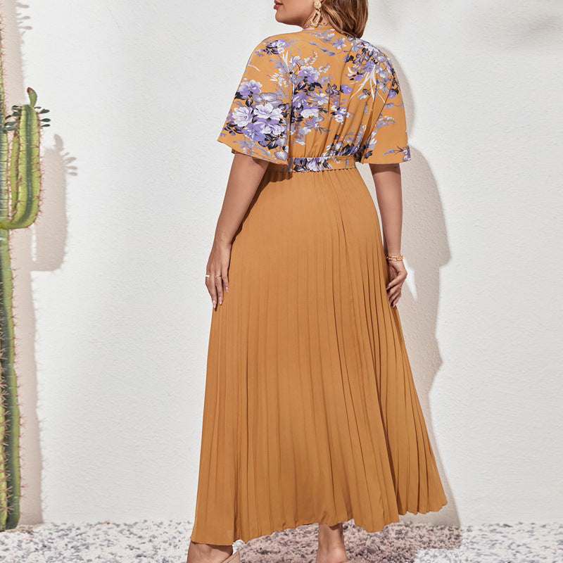 Temperament Printed Lace-up Waist Pleated V-neck Short Sleeve Dress