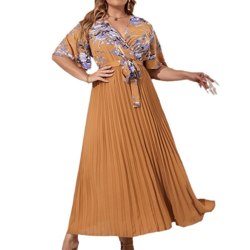 Temperament Printed Lace-up Waist Pleated V-neck Short Sleeve Dress