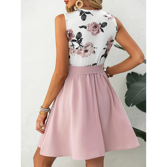 European And American Printed V-neck Sleeveless Dress With Belt