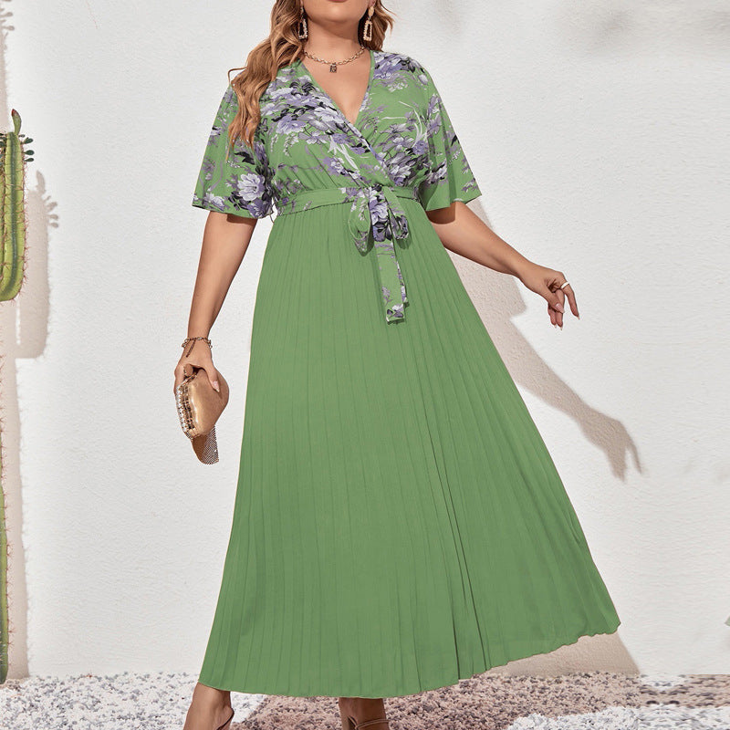 Temperament Printed Lace-up Waist Pleated V-neck Short Sleeve Dress