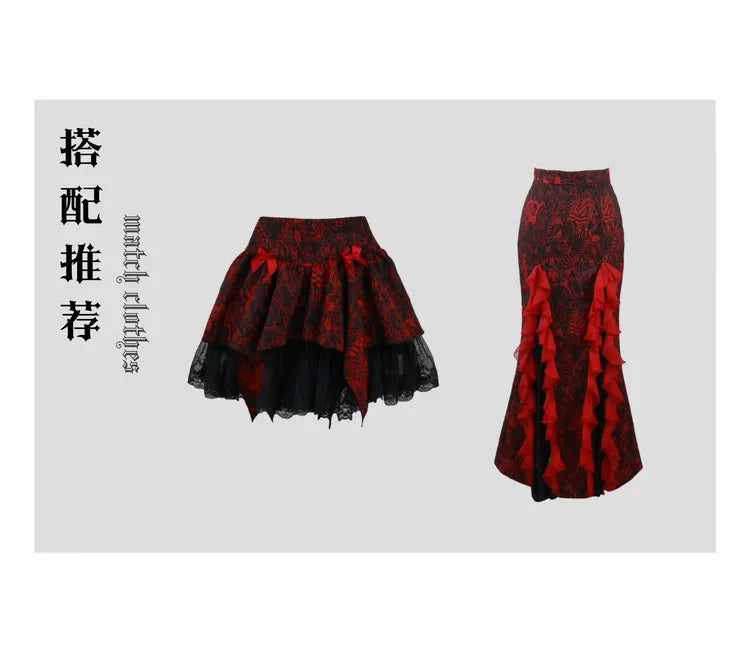 Gothic Embroided Hollow Out Flying Sleeve Blouse Mini Skirt Set for Women