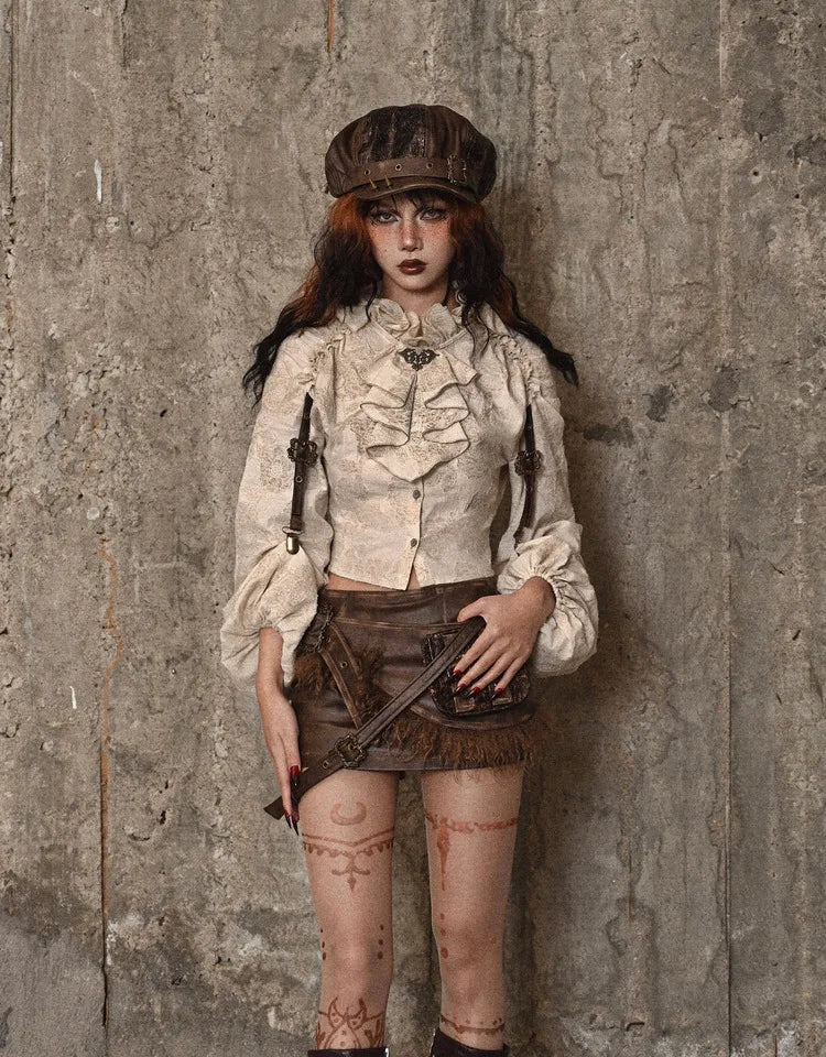 Retro Steampunk Cotton Linen Ruffled Standing Collar Long Lantern Sleeve Blouse