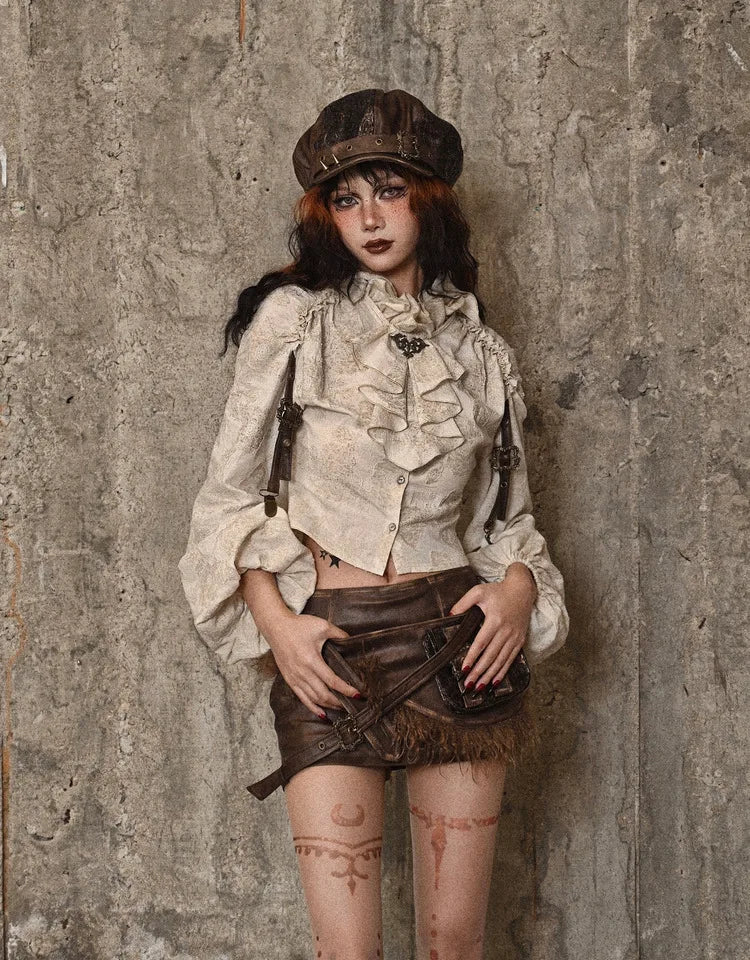 Retro Steampunk Cotton Linen Ruffled Standing Collar Long Lantern Sleeve Blouse