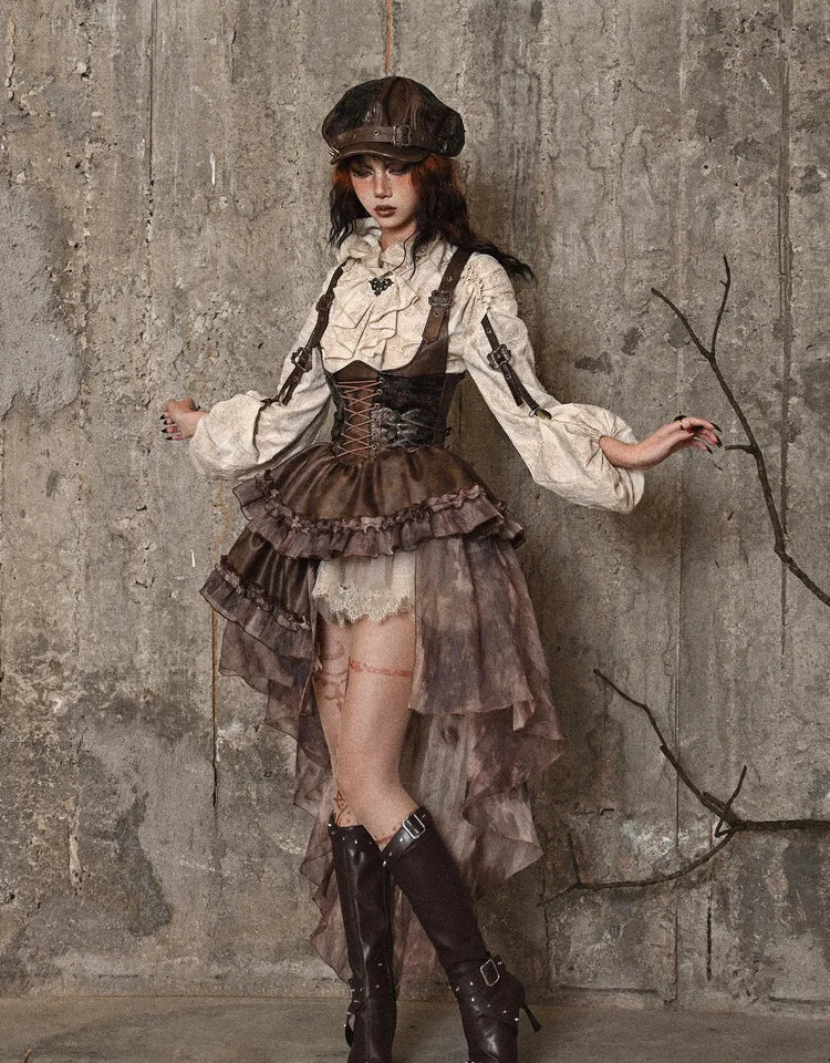 Retro Steampunk Cotton Linen Ruffled Standing Collar Long Lantern Sleeve Blouse