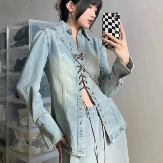 Women's American Retro Punk Lace-up Leather Strap Denim Long Sleeve Shirt