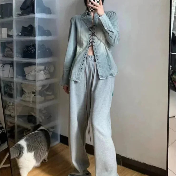 Women's American Retro Punk Lace-up Leather Strap Denim Long Sleeve Shirt