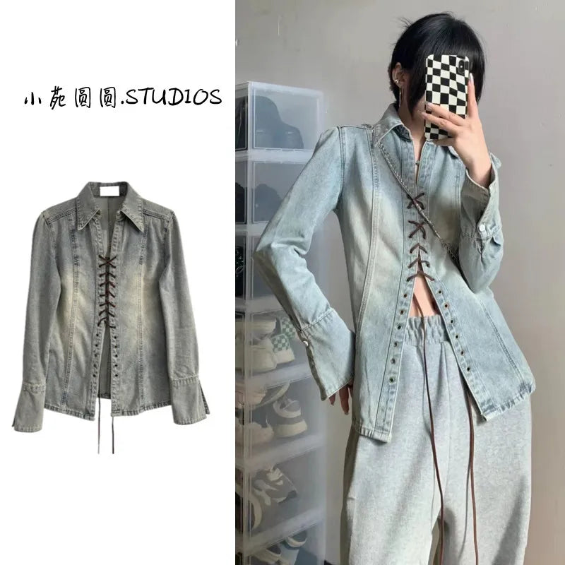 Women's American Retro Punk Lace-up Leather Strap Denim Long Sleeve Shirt