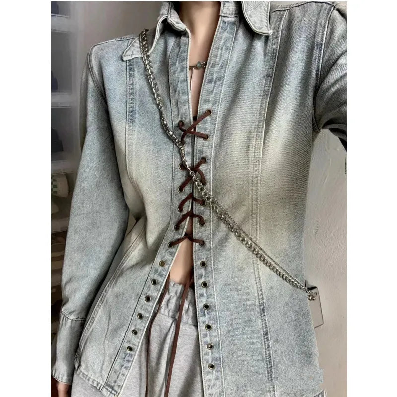 Women's American Retro Punk Lace-up Leather Strap Denim Long Sleeve Shirt