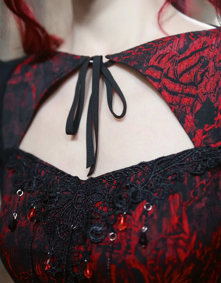 Gothic Embroided Hollow Out Flying Sleeve Blouse Mini Skirt Set for Women