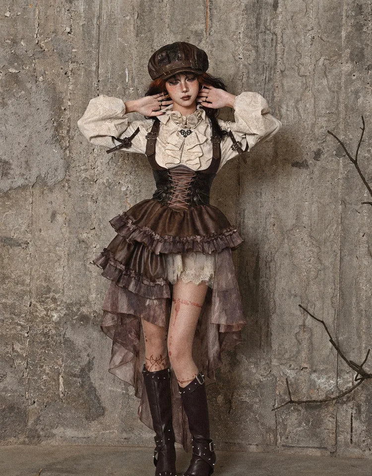 Retro Steampunk Cotton Linen Ruffled Standing Collar Long Lantern Sleeve Blouse