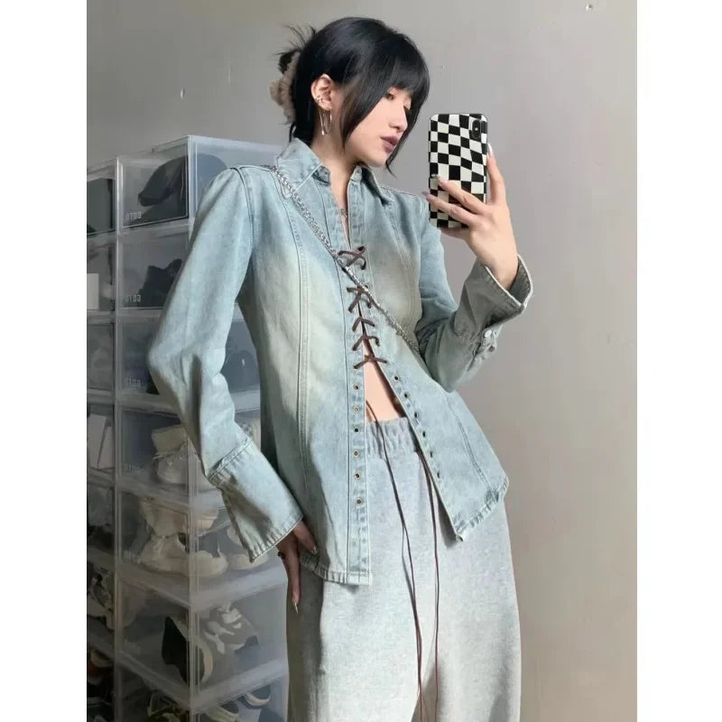 Women's American Retro Punk Lace-up Leather Strap Denim Long Sleeve Shirt