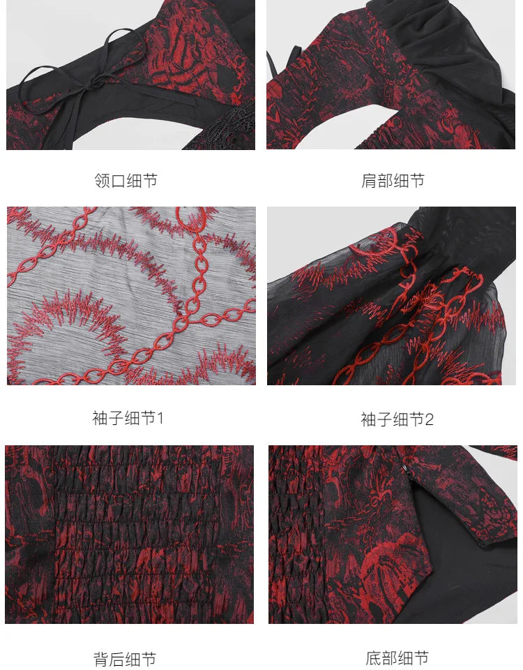 Gothic Embroided Hollow Out Flying Sleeve Blouse Mini Skirt Set for Women