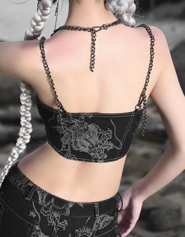 Women's Spaghetti Strap Dragon Rivet Metal Chain Decor Crop Top
