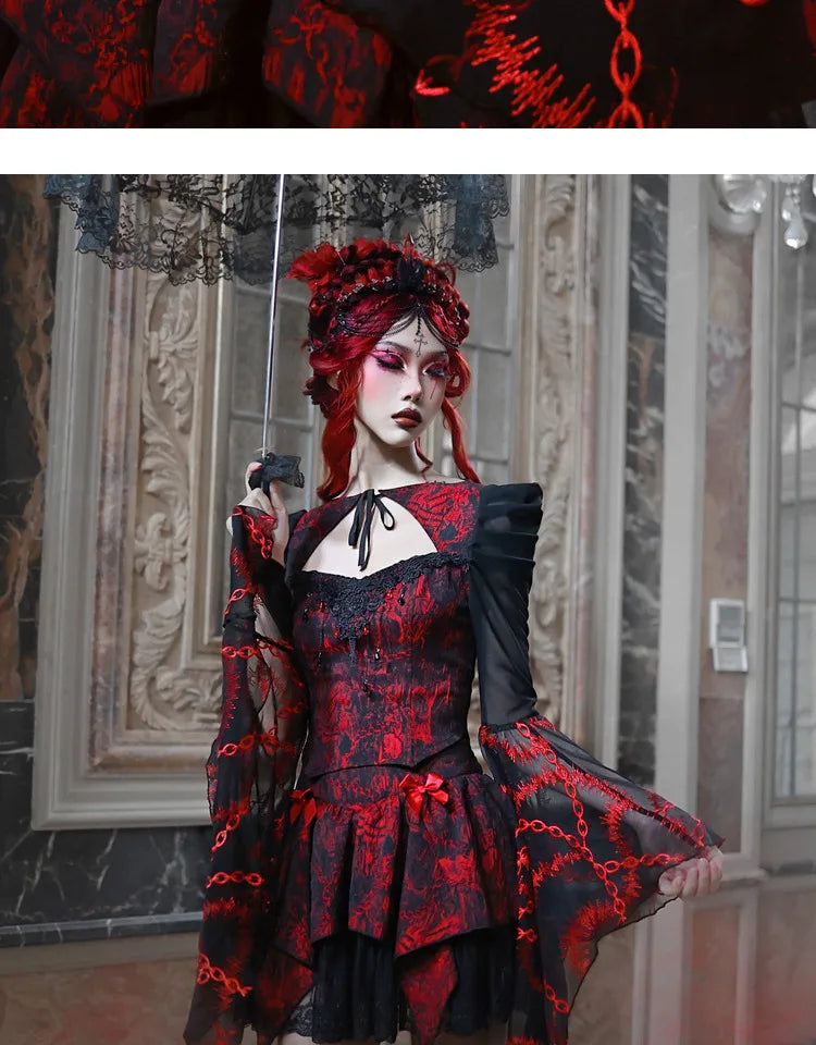Gothic Embroided Hollow Out Flying Sleeve Blouse Mini Skirt Set for Women