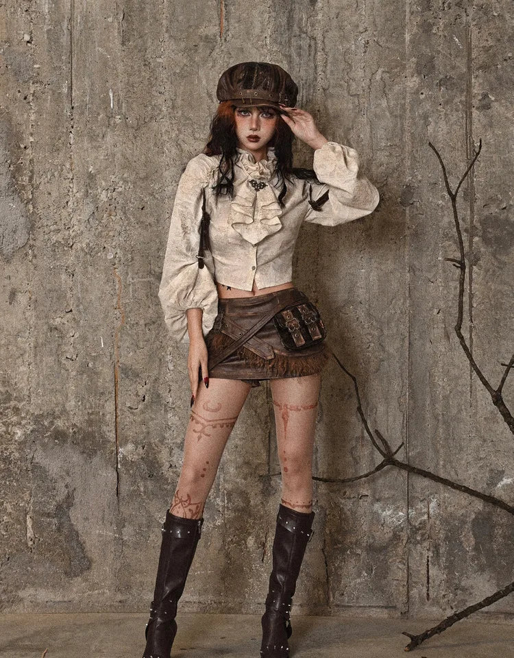 Retro Steampunk Cotton Linen Ruffled Standing Collar Long Lantern Sleeve Blouse