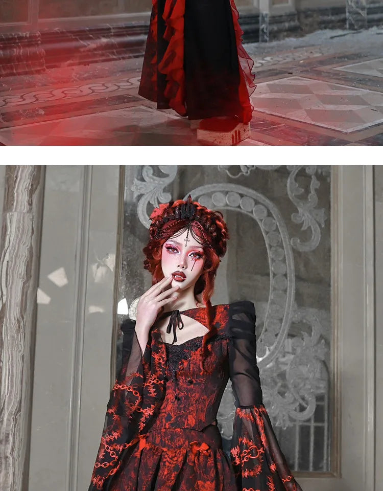 Gothic Embroided Hollow Out Flying Sleeve Blouse Mini Skirt Set for Women