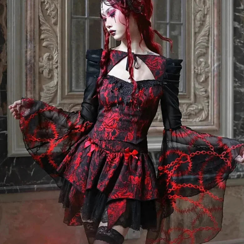 Gothic Embroided Hollow Out Flying Sleeve Blouse Mini Skirt Set for Women
