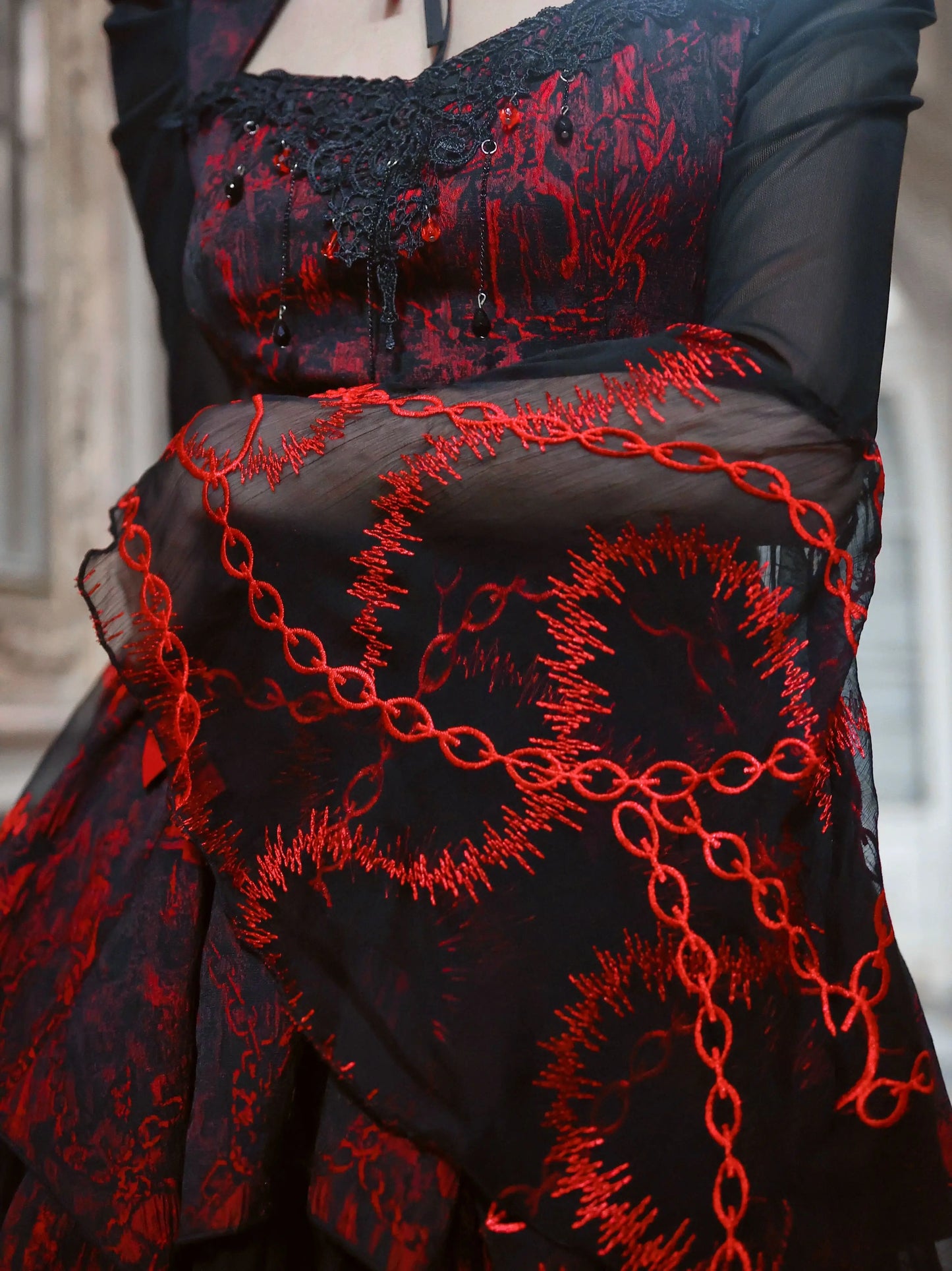 Gothic Embroided Hollow Out Flying Sleeve Blouse Mini Skirt Set for Women
