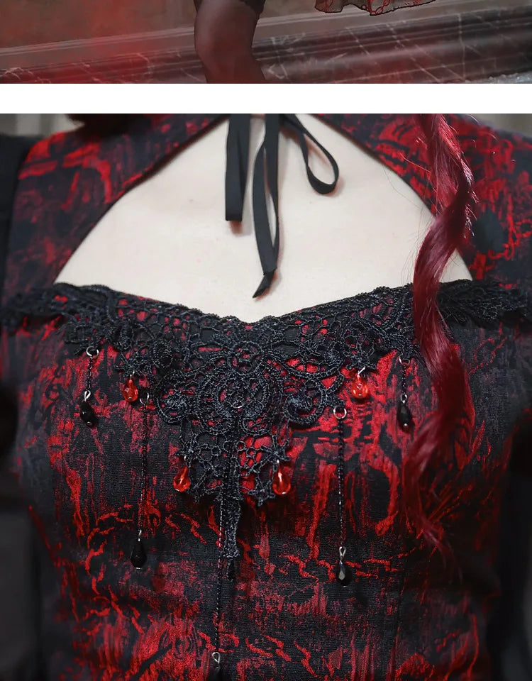 Gothic Embroided Hollow Out Flying Sleeve Blouse Mini Skirt Set for Women