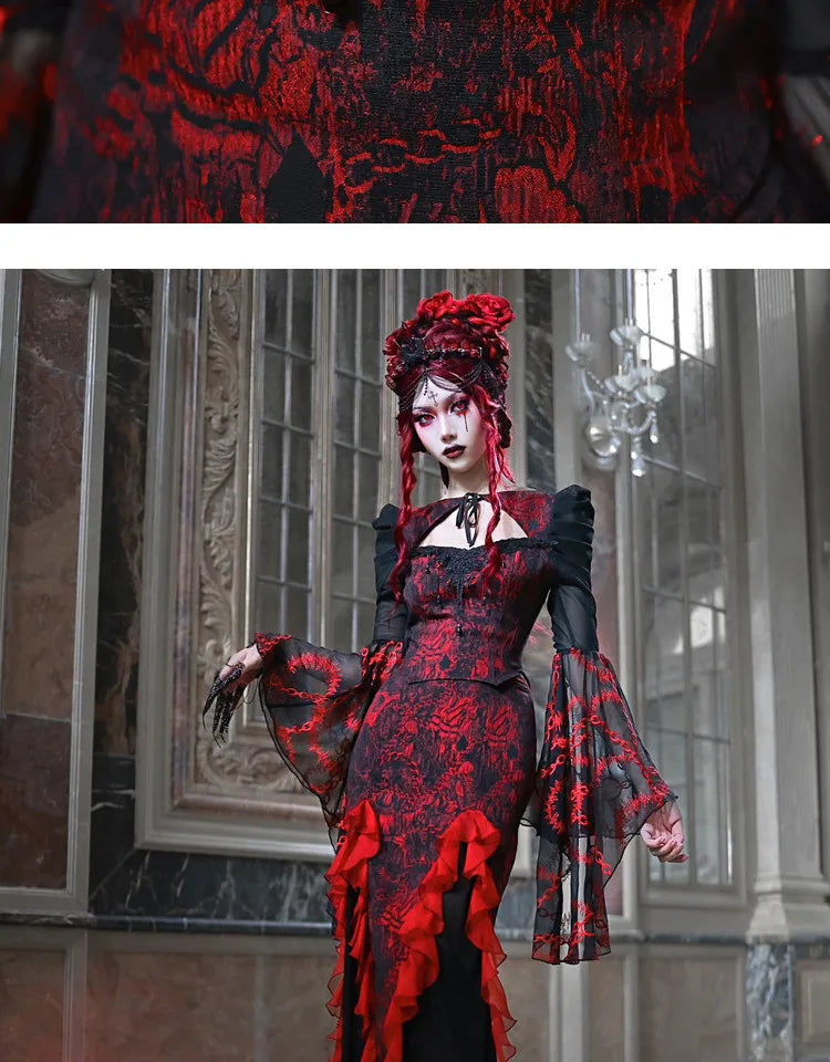 Gothic Embroided Hollow Out Flying Sleeve Blouse Mini Skirt Set for Women