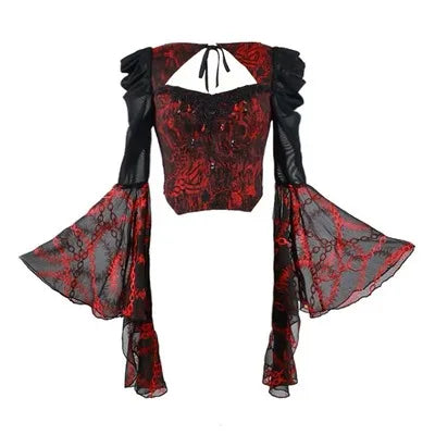 Gothic Embroided Hollow Out Flying Sleeve Blouse Mini Skirt Set for Women