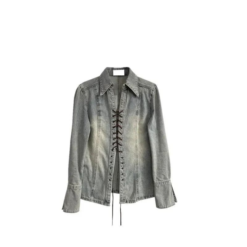 Women's American Retro Punk Lace-up Leather Strap Denim Long Sleeve Shirt