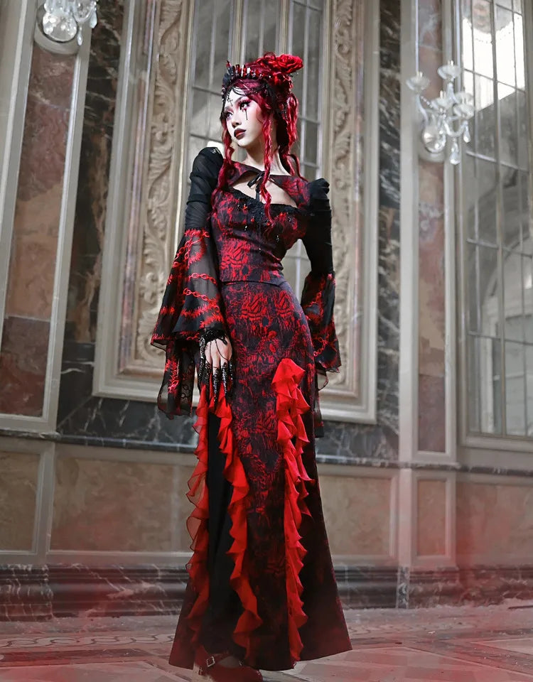Gothic Embroided Hollow Out Flying Sleeve Blouse Mini Skirt Set for Women