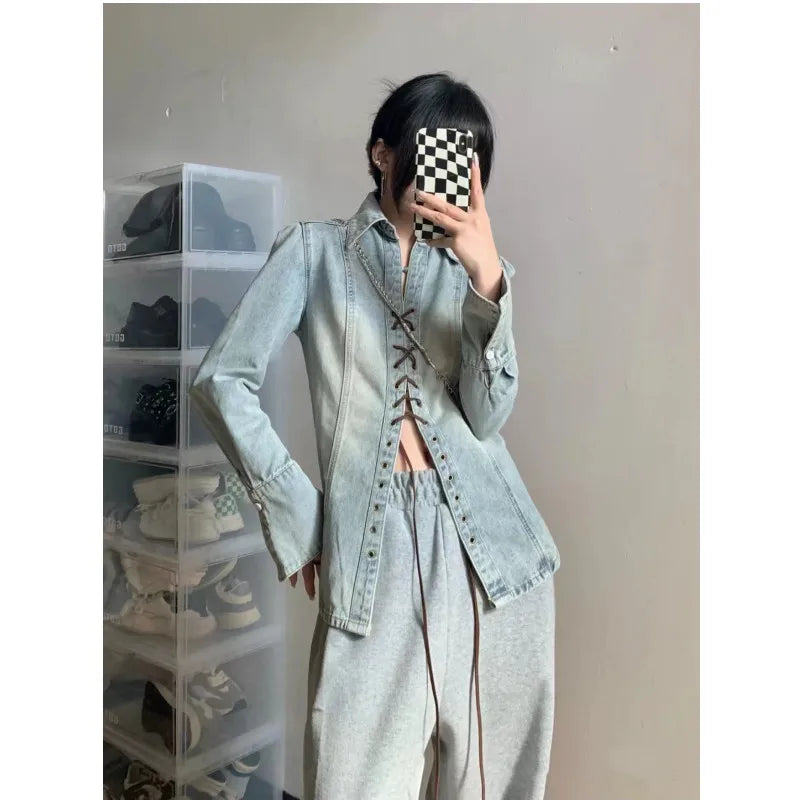 Women's American Retro Punk Lace-up Leather Strap Denim Long Sleeve Shirt