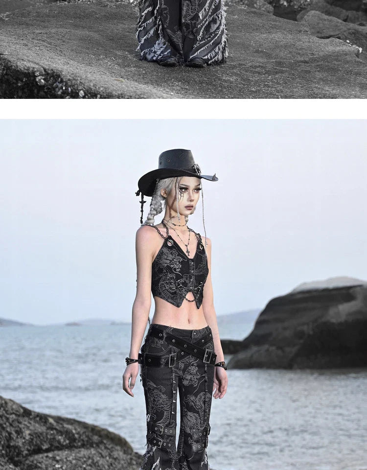Women's Spaghetti Strap Dragon Rivet Metal Chain Decor Crop Top