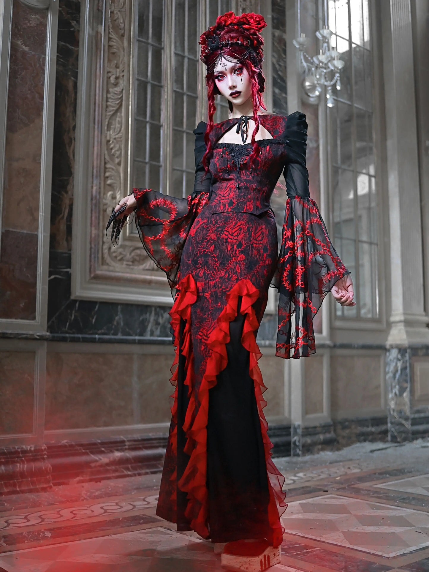 Gothic Embroided Hollow Out Flying Sleeve Blouse Mini Skirt Set for Women