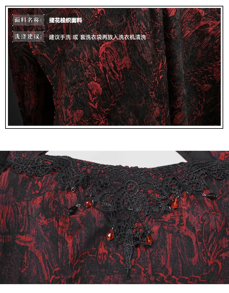 Gothic Embroided Hollow Out Flying Sleeve Blouse Mini Skirt Set for Women