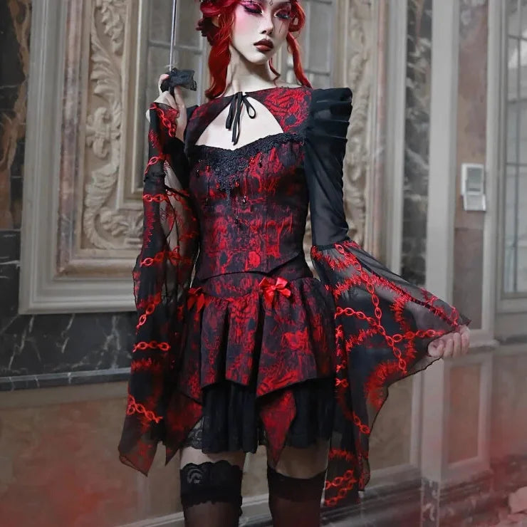 Gothic Embroided Hollow Out Flying Sleeve Blouse Mini Skirt Set for Women