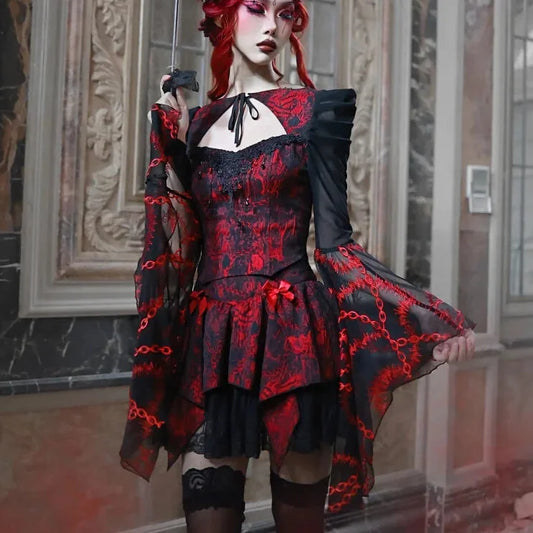 Gothic Embroided Hollow Out Flying Sleeve Blouse Mini Skirt Set for Women