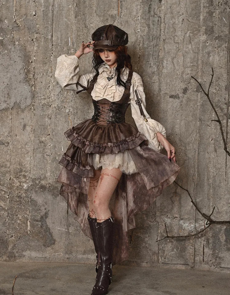 Retro Steampunk Cotton Linen Ruffled Standing Collar Long Lantern Sleeve Blouse