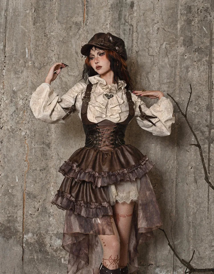 Retro Steampunk Cotton Linen Ruffled Standing Collar Long Lantern Sleeve Blouse