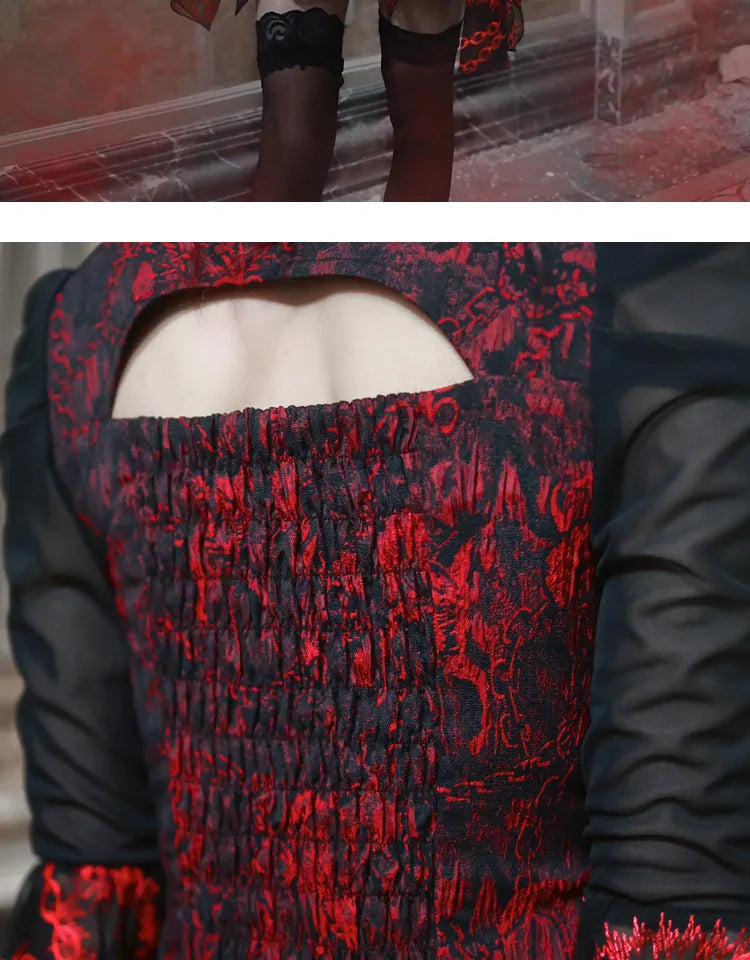 Gothic Embroided Hollow Out Flying Sleeve Blouse Mini Skirt Set for Women