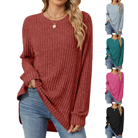 Round Neck Brushed Long Sleeve T-shirt Top For Women