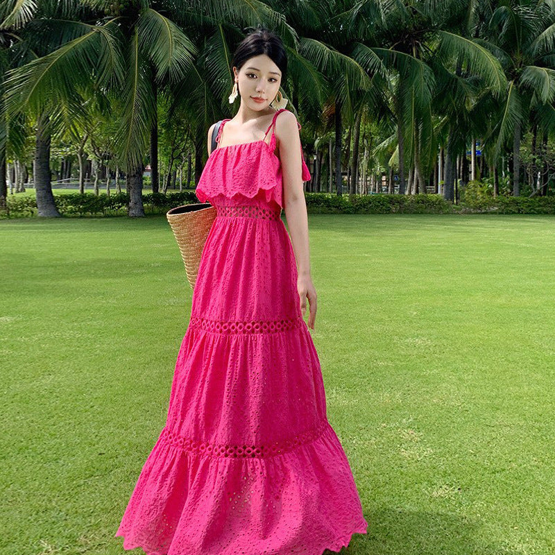 Real Shot Ruffled Stitching Heavy Industry Sling Dress Vacation