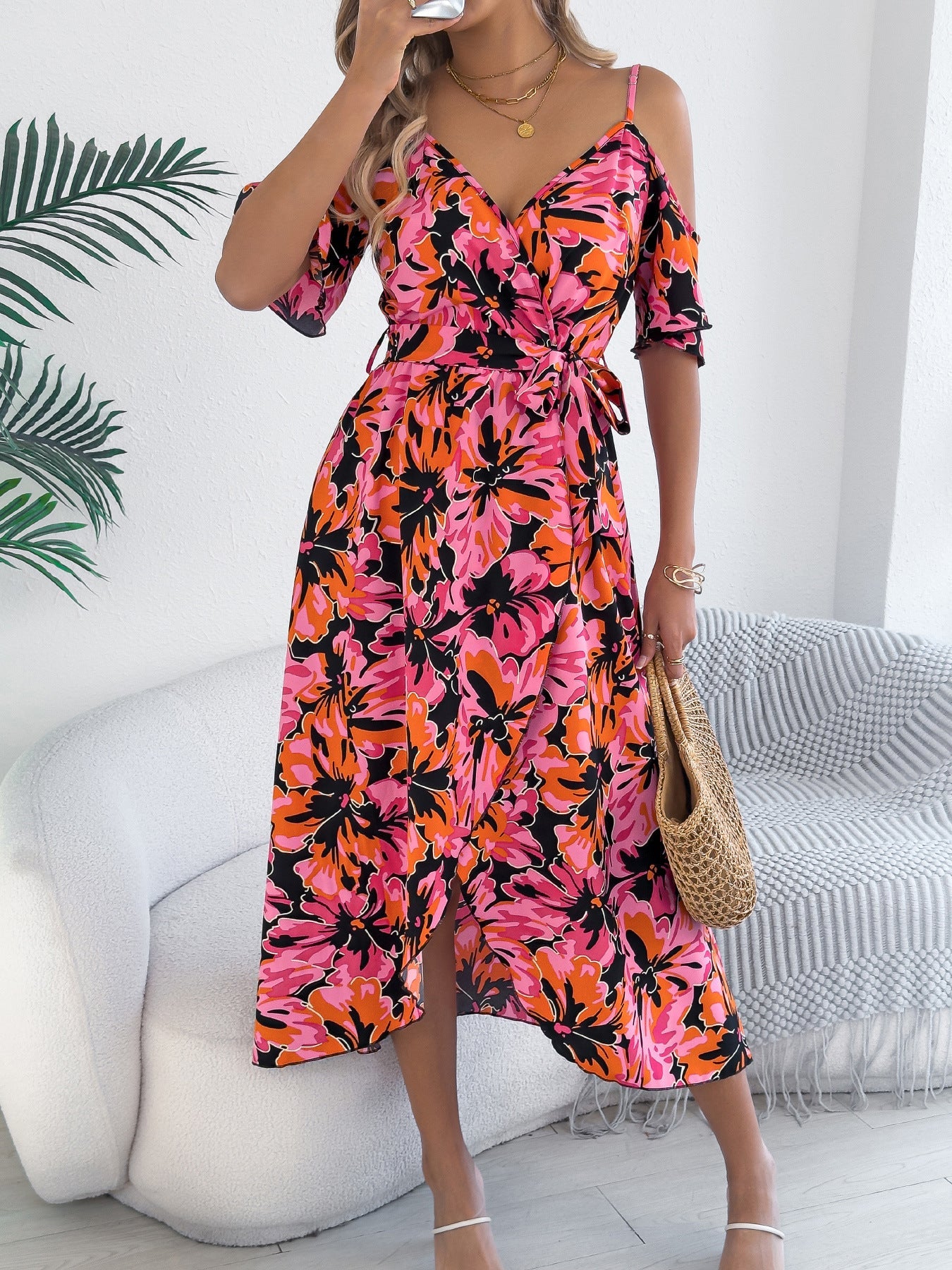 European And American Strapless Cross V-neck Flower Strap Holiday Dress