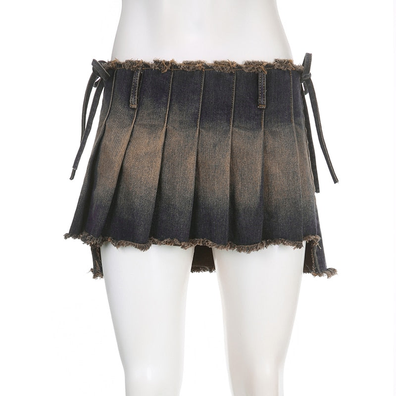 Women's Casual Drawstring Pleated A Line Low Waisted Mini Skirt Streetwear