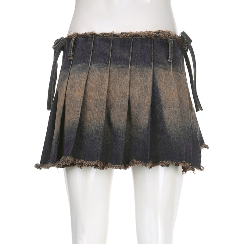 Women's Casual Drawstring Pleated A Line Low Waisted Mini Skirt Streetwear