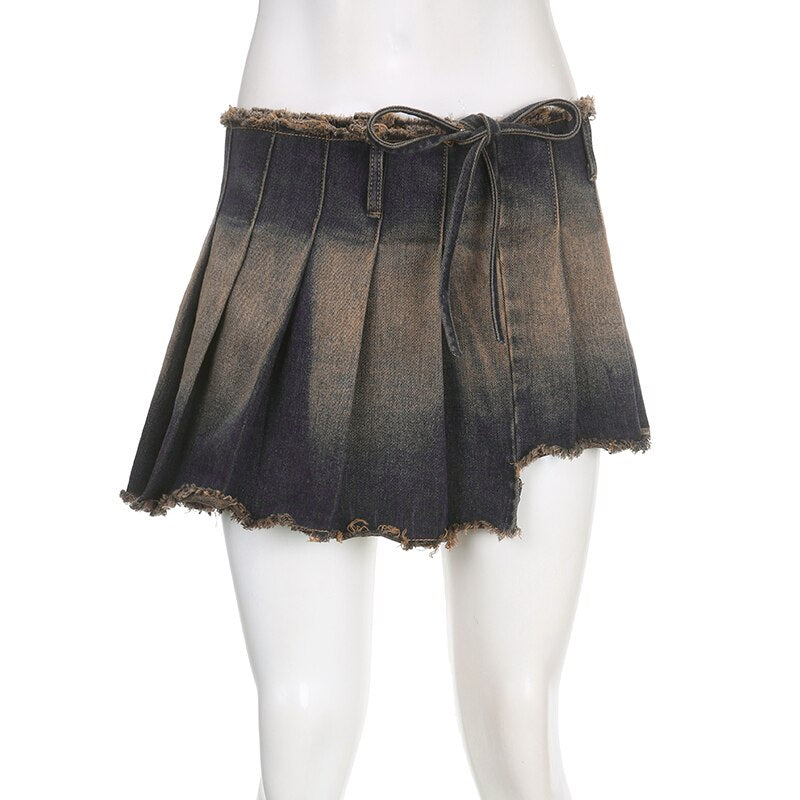 Women's Casual Drawstring Pleated A Line Low Waisted Mini Skirt Streetwear