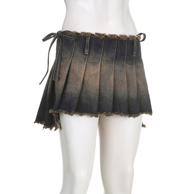 Women's Casual Drawstring Pleated A Line Low Waisted Mini Skirt Streetwear