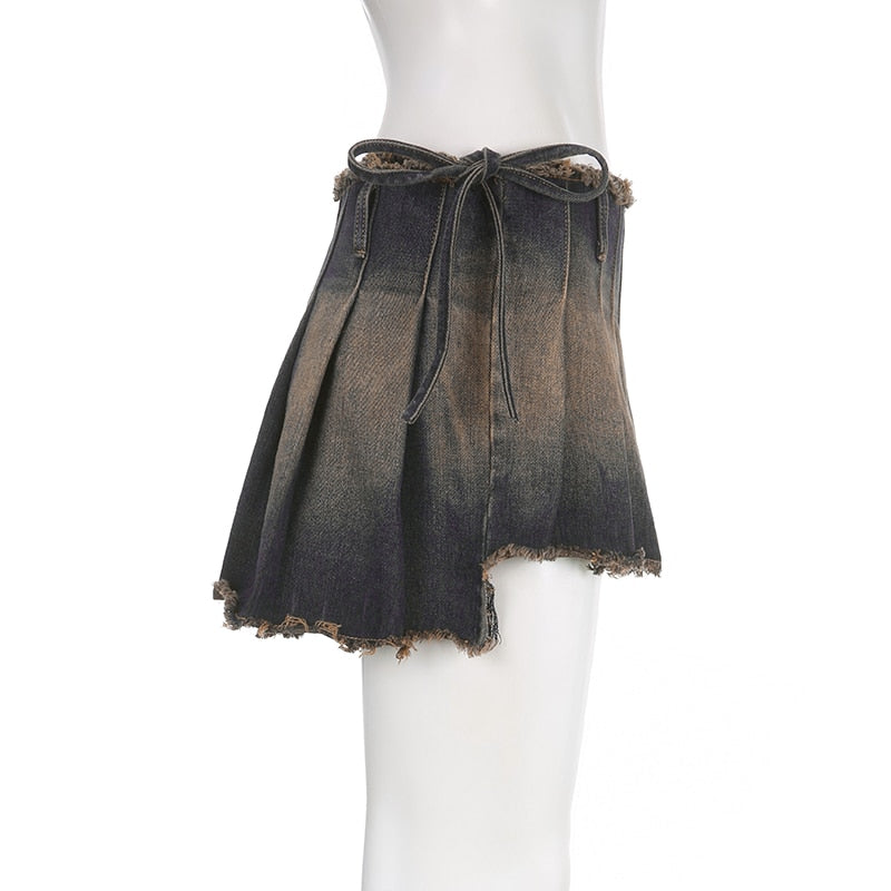 Women's Casual Drawstring Pleated A Line Low Waisted Mini Skirt Streetwear