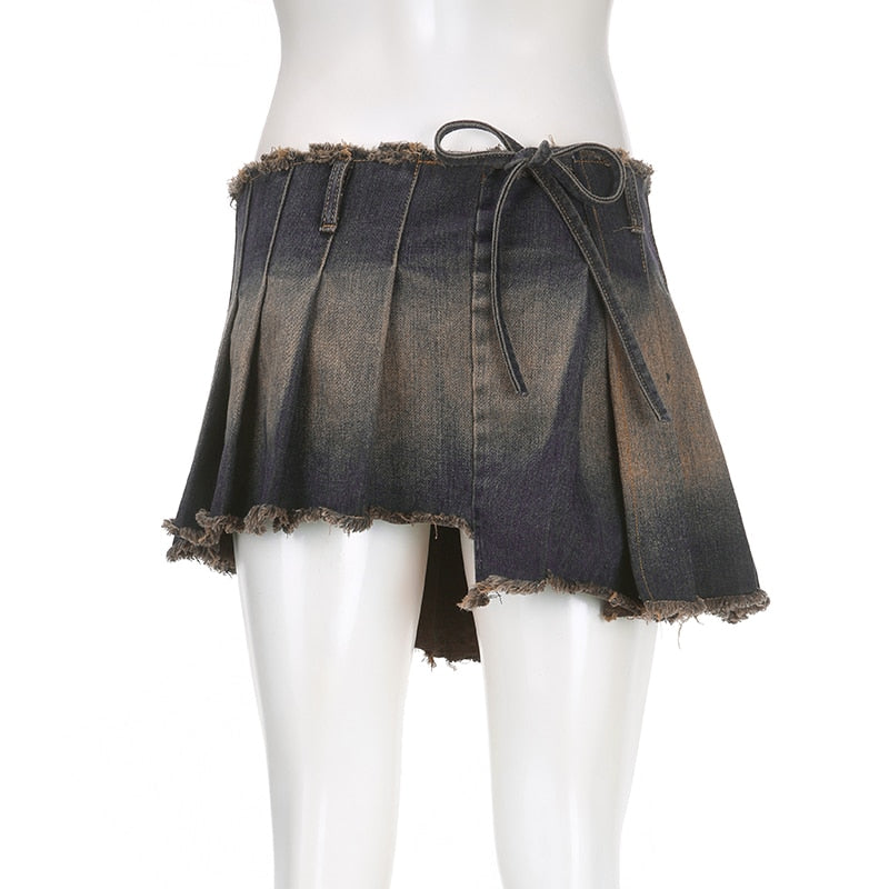 Women's Casual Drawstring Pleated A Line Low Waisted Mini Skirt Streetwear