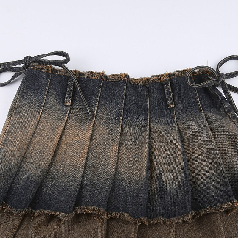 Women's Casual Drawstring Pleated A Line Low Waisted Mini Skirt Streetwear