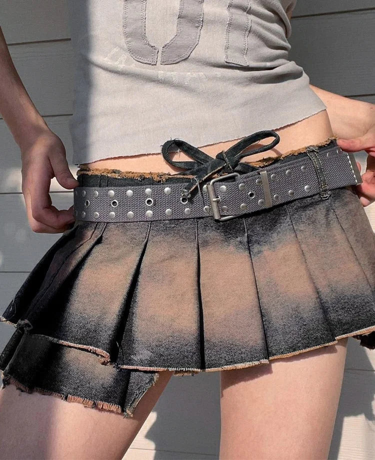 Women's Casual Drawstring Pleated A Line Low Waisted Mini Skirt Streetwear