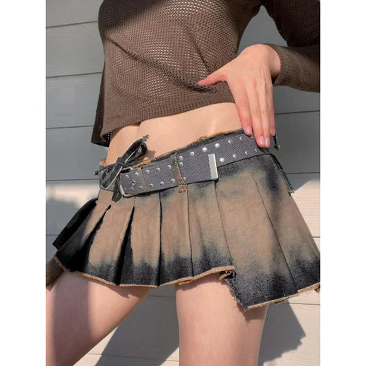 Women's Casual Drawstring Pleated A Line Low Waisted Mini Skirt Streetwear